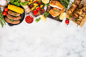 Wall Mural - Barbeque dish - Grilled meat, fish, sausages and vegetables.