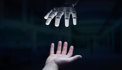 Poster - Robot hand making contact with human hand on dark background 3D rendering