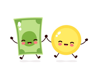 Cute happy coin and money banknote