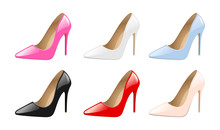 Set Of Elegant Women Shoes, Colorful High Heels, Fashion Trendy Footwear, Isolated On White Background Vector Illustration.