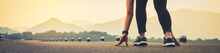 Close Up Of Woman Leg In Running Start To Reach The Goal. Jogging Workout And Sport Healthy Lifestyle Concept. Proportion Of The Banner For Ads.