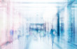 © malija - abstract defocused blurred technology space background, empty business corridor or shopping mall. Medical and hospital corridor defocused background with modern laboratory (clinic)