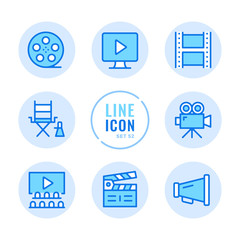 Poster - Video production vector line icons set. Filmmaking, movie industry, cinema, film production outline symbols. Thin line design. Modern simple stroke graphic elements. Round icons