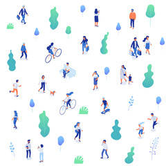 Wall Mural - Background isometric people characters. Outdoor activity. Park, nature. People walking, running,riding bicycle. Isometric vector characters isolated on white.