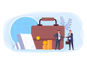 Two businessman office workers characters shaking hands. Business deal agreement success concept. Vector flat graphic design cartoon illustration