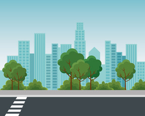 Poster - park with trees and bushes plants with building cityscape