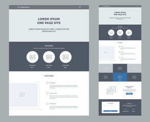 One page website design template for business. Landing page wireframe. Flat modern responsive design. Ux ui website template. Concept mockup layout for development. Best convert page.