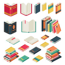 Isometric Book Collection. Opened And Closed Books Set For School Library Publishing Dictionary Textbook Magazine Vector Set