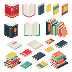 isometric book collection. opened and closed books set for school library publishing dictionary text