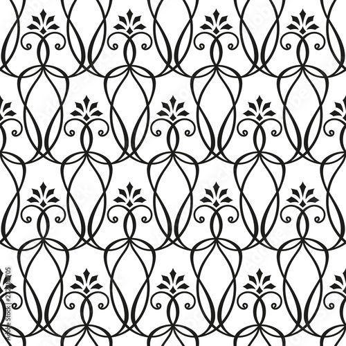Seamless pattern. Ornament of curls and fantasy flowers.