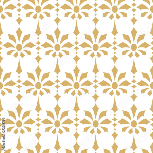 Vector background. Seamless pattern. Gold pattern of flowers and rhombuses.