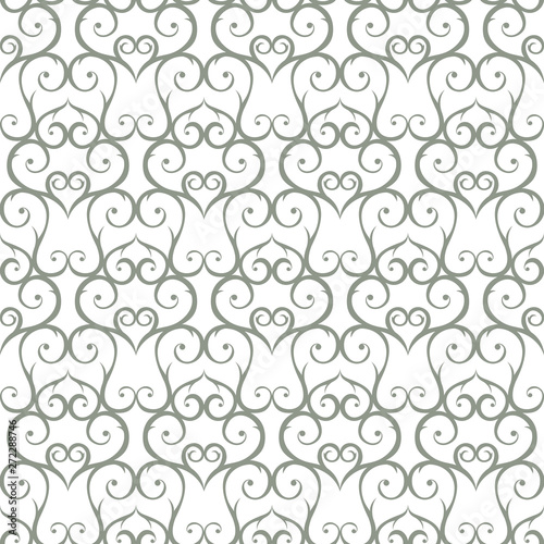 Vector background. Seamless pattern. Ornament of curls, fantasy hearts.