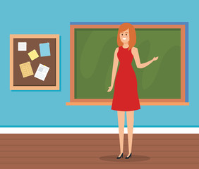 Poster - woman teacher in the classroom with blackboard and note board