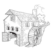 Whiskey Making Process From Grain To Bottle. A Watermill. Black And White Ink Style Drawing Isolated On White Background. EPS10 Vector Illustration.