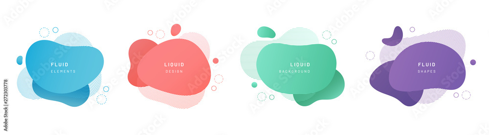 Red flat shape and green fluid blob, blue liquid stain and violet geometric form. Set of isolated abstract aqua spot with gradient or dynamic color. Background for card or template design for flyer. - obrazy, fototapety, plakaty 