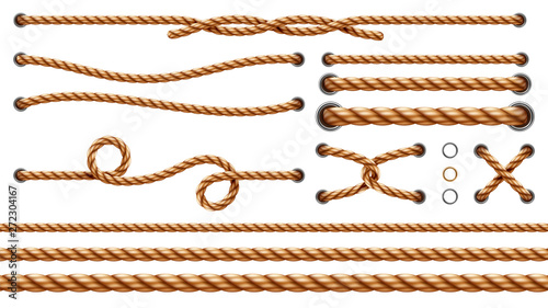 Cuadros en Lienzo Set of isolated straight ropes and tied cross strings, realistic navy thread through metallic holes