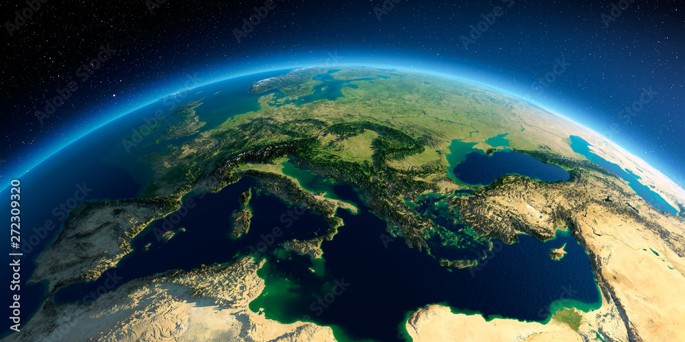 Detailed Earth. Italy, Greece and the Mediterranean Sea - obrazy, fototapety, plakaty 