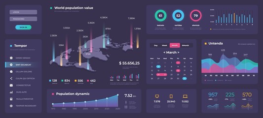 Poster - Infographic dashboard template. White modern web app UI with graphs round bars and charts. Vector admin creative workflow panel design
