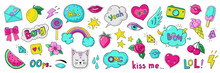Doodle 90s Stickers. Pop Art Fashion Comic Badges, Trendy Cartoon 80s Kawaii Icons. Vector Lol Rainbow Cherry Heart Modern Girl Patches Illustration Set