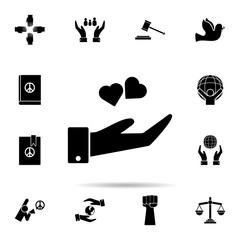 Poster - hand and heart icon. Universal set of human rights for website design and development, app development
