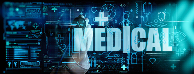 Wall Mural - Medicine doctor hand with stethoscope working with icon medical network connection on virtual screen interface as Modern medical technology and innovation concept