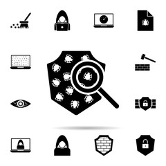 Poster - search for viruses in the shield icon. Universal set of hacker for website design and development, app development