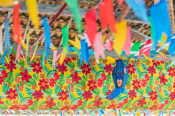 Background of Festa Junina, Sao Joao, with Party small colorful Flags and decorative balloon.