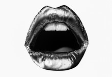 Metallic. Close Up Of Beautiful Woman Lips With Matt Lipstick. Open Mouth With White Teeth. Cosmetology, Drugstore Or Fashion Makeup Concept. Beauty Studio Shot. Passionate Kiss.
