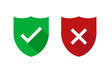 Two green and red shields with checkmark and cross isolated. Security or safe sign. Internet defence symbol. Web technology secure icon.