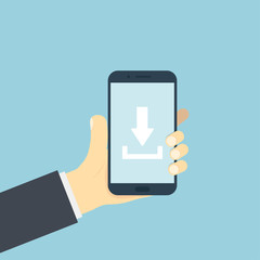 Poster - hand holding phone with sign download. loading smartphone. upload application.