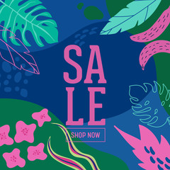 Wall Mural - Summer Sale poster with tropic leaves and flowers, advertisement banner and tropical background in modern flat style, flash spring special offer, poster vacation ad, flyer. Vector illustration