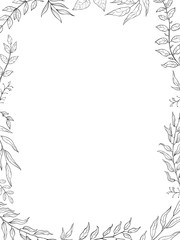 herbal mix vector frame in line style. Hand draw plants, branches and leaves on white background. Coloring frame