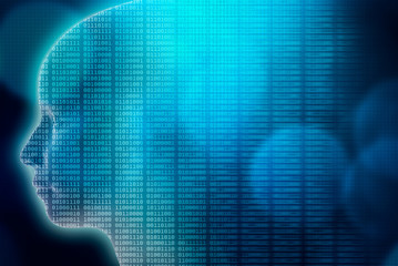 Wall Mural - artificial intelligence or ai illustration. 3d render human head profile with binary code. transhuma