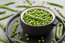 Fresh Green Peas In Big Ceramic Pot