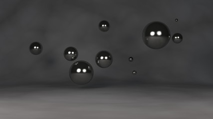 Poster - 3D illustration of many metal, silver, chrome beads. The spheres are located randomly, randomly in the space above the reflecting surface. 3D rendering, abstraction, abstract, futuristic background.