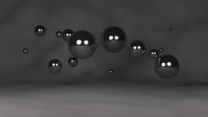 Poster - 3D illustration of many metal, silver, chrome beads. The spheres are located randomly, randomly in the space above the reflecting surface. 3D rendering, abstraction, abstract, futuristic background.