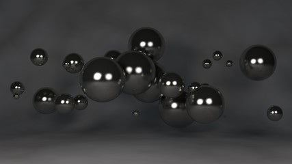 Poster - 3D illustration of many metal, silver, chrome beads. The spheres are located randomly, randomly in the space above the reflecting surface. 3D rendering, abstraction, abstract, futuristic background.