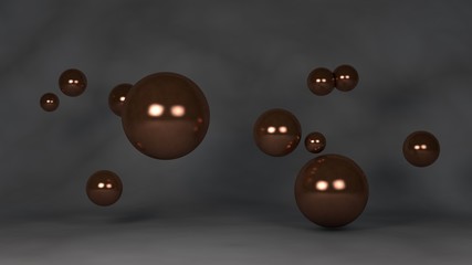 Poster - 3D illustration of a set of bronze balls. The spheres are randomly placed in space above the reflecting surface. 3D rendering, abstraction, abstract, futuristic background. The idea of chaos harmony