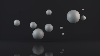 Poster - 3D illustration of many white balls. The spheres are located randomly, randomly in the space above the reflecting surface. 3D rendering, abstraction, abstract, futuristic background.
