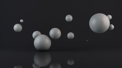 Poster - 3D illustration of many white balls. The spheres are located randomly, randomly in the space above the reflecting surface. 3D rendering, abstraction, abstract, futuristic background.
