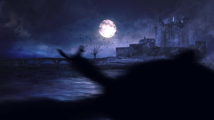 Canvas Print - dark lake castle with bats flying 4k loop features an old castle by an eerie lake and full moon with