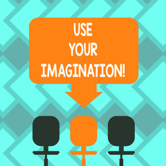 Fototapete - Text sign showing Use Your Imagination. Conceptual photo using ability to form mental pictures of ideas Blank Space Color Arrow Pointing to One of the Three Swivel Chairs photo