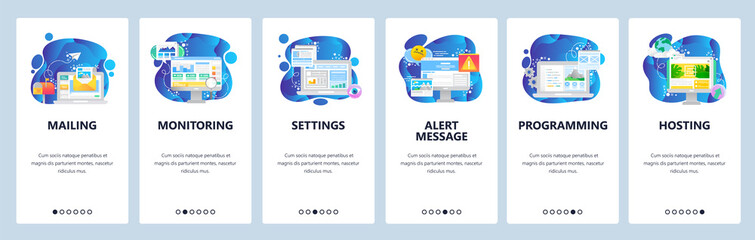 mobile app onboarding screens. digital marketing, alert message, mailing, hosting. menu vector banne