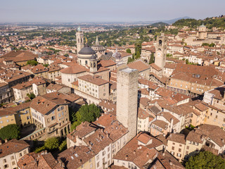 Bergamo, Italy. Amazing drone aerial view of the old town. Landscape at the city center, its historical buildings and the towers