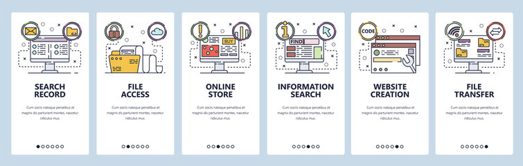 Mobile app onboarding screens. Computer technology, information search, file sync and transfer. Menu vector banner template for website and mobile development. Web site design flat illustration