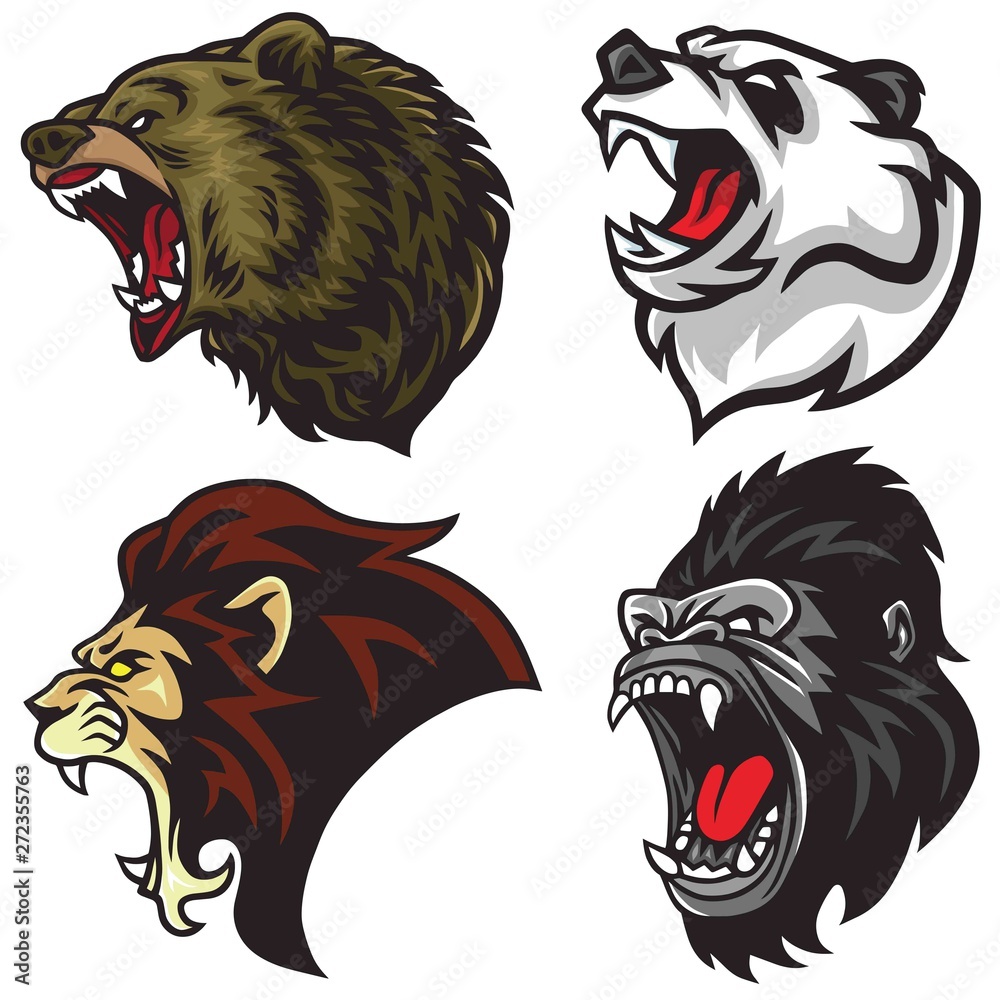 Wild Animals Heads Set. Lion, Bear, Gorilla, Panda Vector Mascot Logo  Design Illustration Stock Vector | Adobe Stock, image size:1000x1000