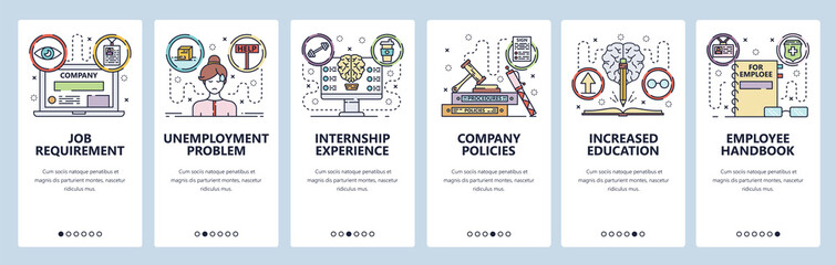 Poster - Mobile app onboarding screens. Education and job search, internship, employee and corporate culture. Menu vector banner template for website and mobile development. Web site design flat illustration