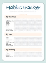Vector Habits Tracker Page Design Template Calendar  For Month. Time Management Equipment. Flat Lay, Organizer Mock Up. Pastel Colors. Monthly Organizer With Examples Of Activities.