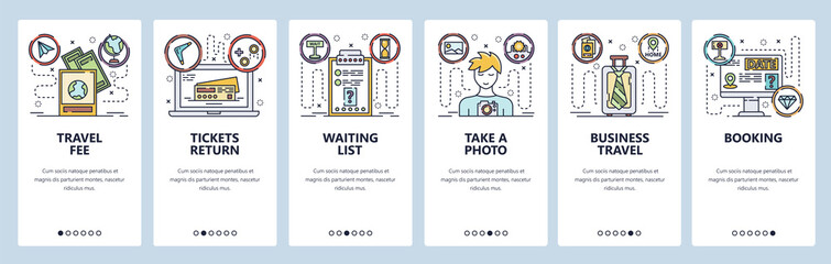 Mobile app onboarding screens. Business travel, buy tickets, online booking, passport photo. Menu vector banner template for website and mobile development. Web site design flat illustration