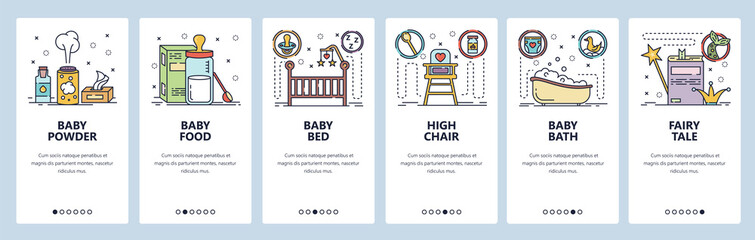 Mobile app onboarding screens. New born baby room, milk formula, baby bed and bath. Menu vector banner template for website and mobile development. Web site design flat illustration